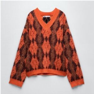 Zara Orange and Brown V-Neck Sweater
